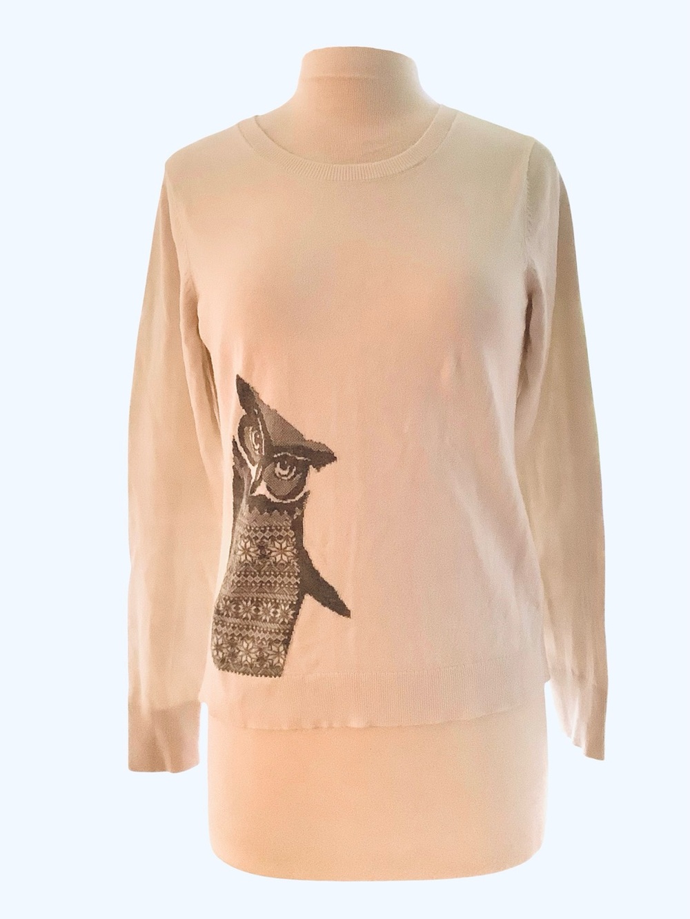 Bass Cream Cotton Long-Sleeve Sweater with Owl Motif